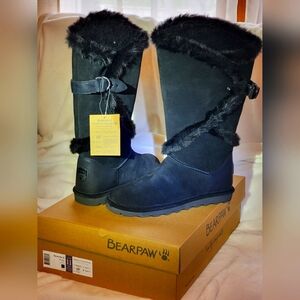 NWT BearPaw Leather&Fur Boots Black Sz 11